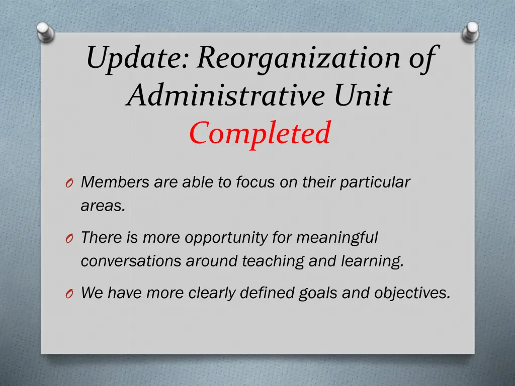 update reorganization of administrative unit