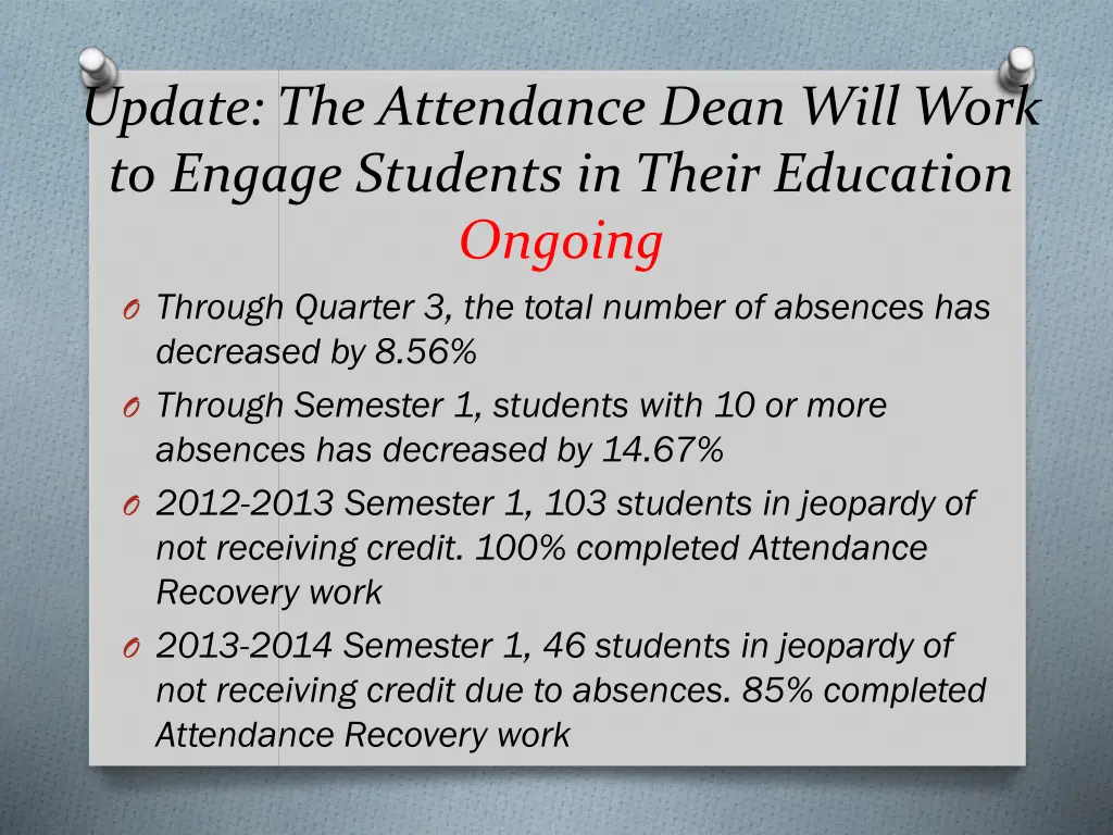 update the attendance dean will work to engage