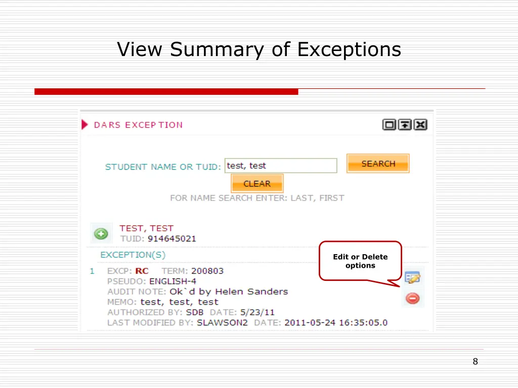 view summary of exceptions