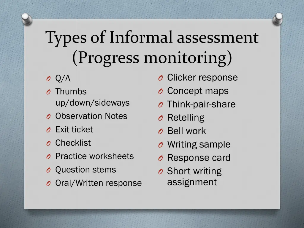 types of informal assessment progress monitoring