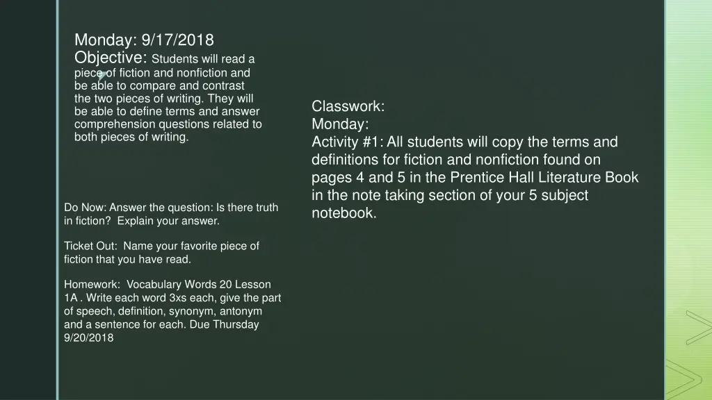 monday 9 17 2018 objective students will read