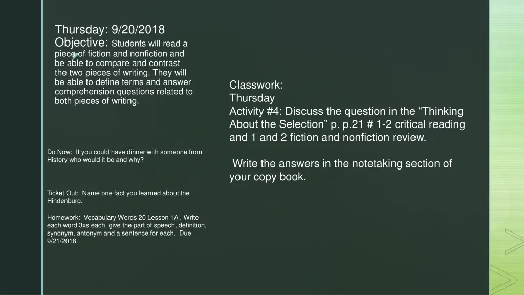 thursday 9 20 2018 objective students will read