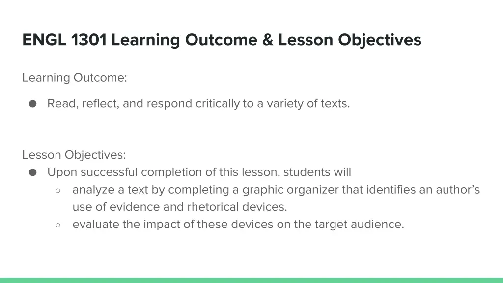 engl 1301 learning outcome lesson objectives