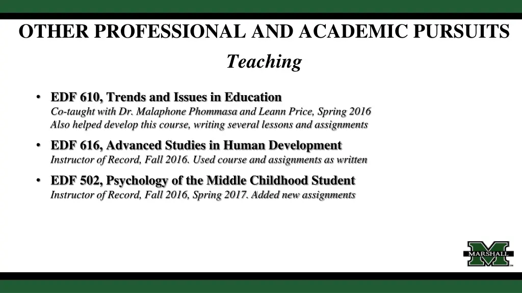 other professional and academic pursuits teaching
