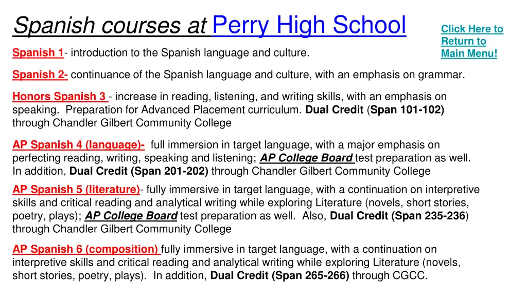 spanish courses at perry high school