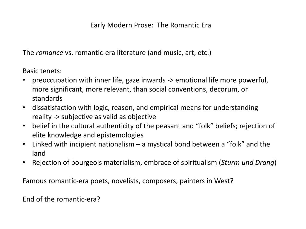 early modern prose the romantic era