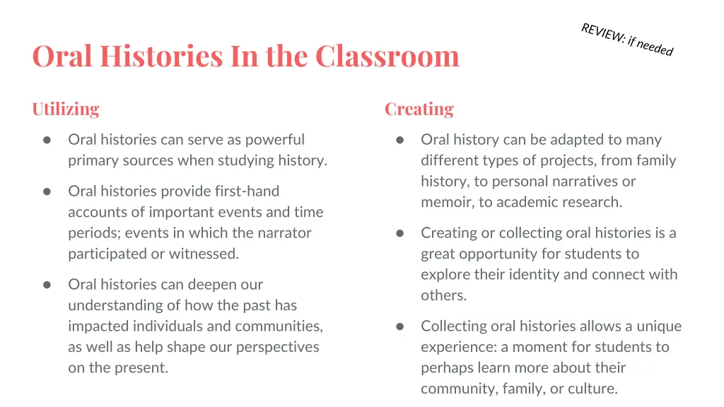 oral histories in the classroom