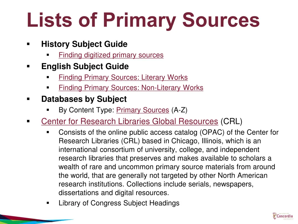 lists of primary sources
