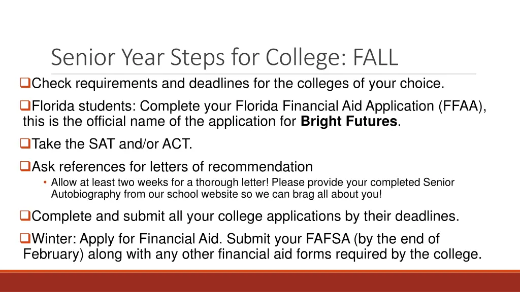 senior year steps for college fall check