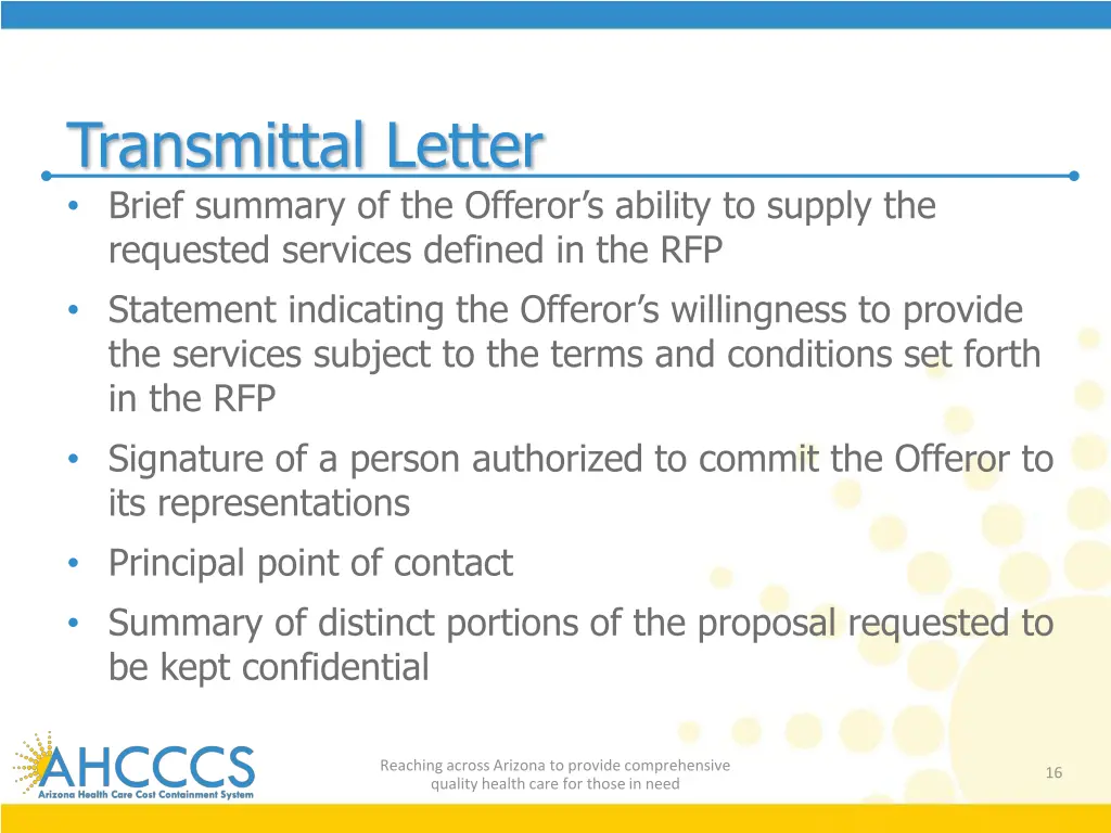 transmittal letter brief summary of the offeror
