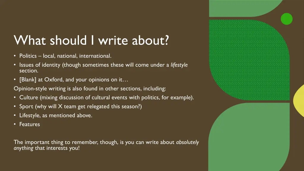 what should i write about politics local national