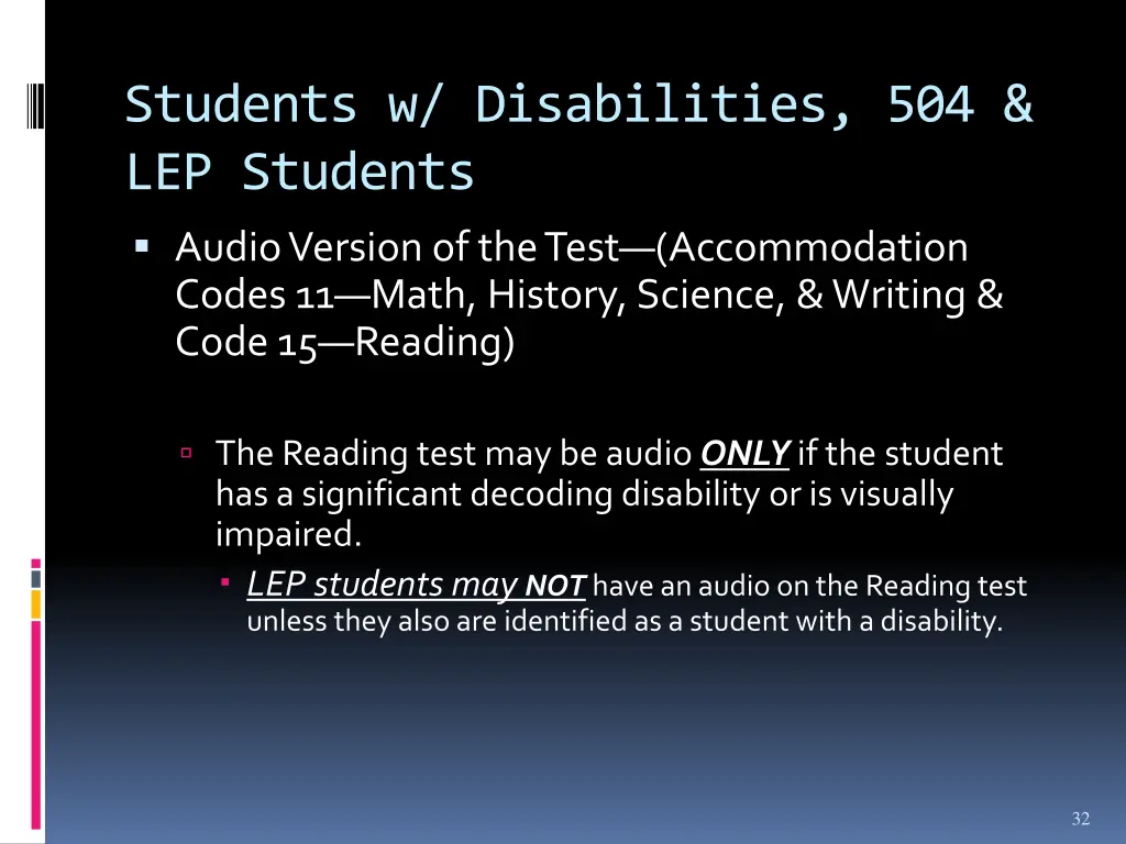 students w disabilities 504 lep students audio