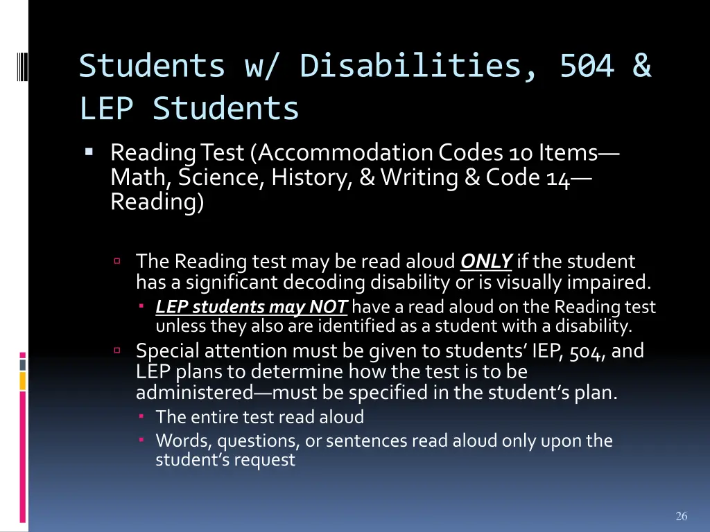 students w disabilities 504 lep students reading