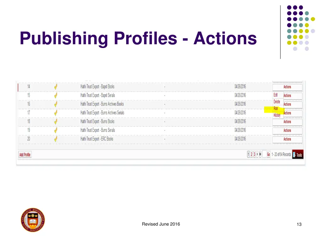 publishing profiles actions
