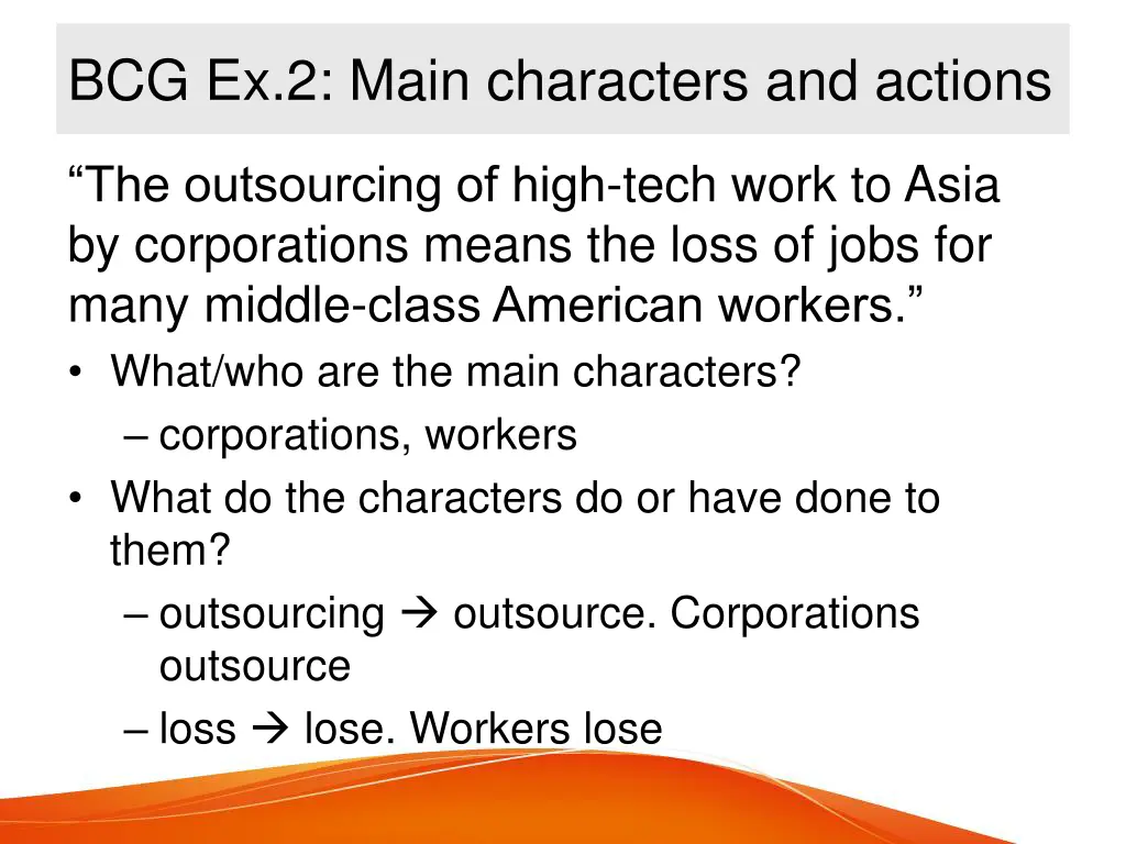 bcg ex 2 main characters and actions