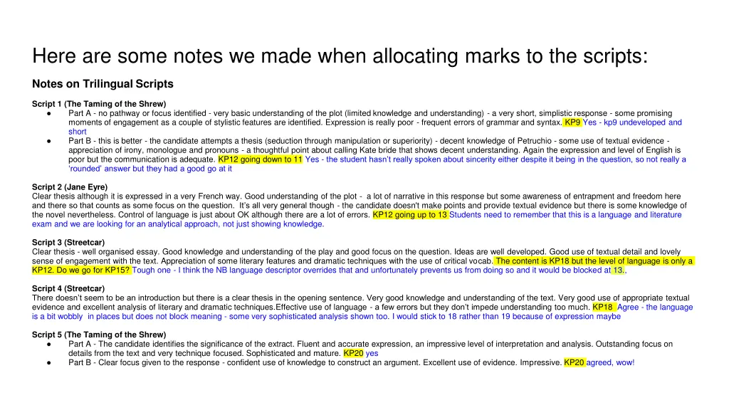 here are some notes we made when allocating marks