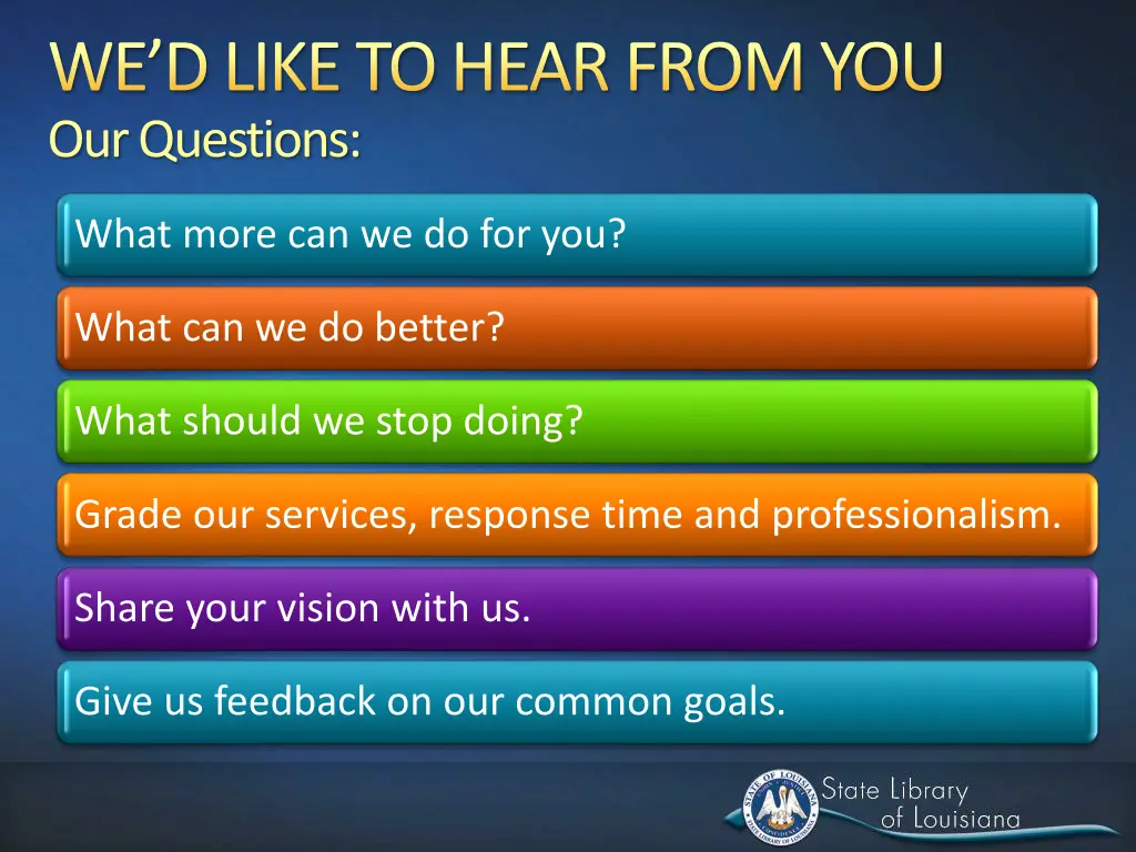 we d like to hear from you our questions
