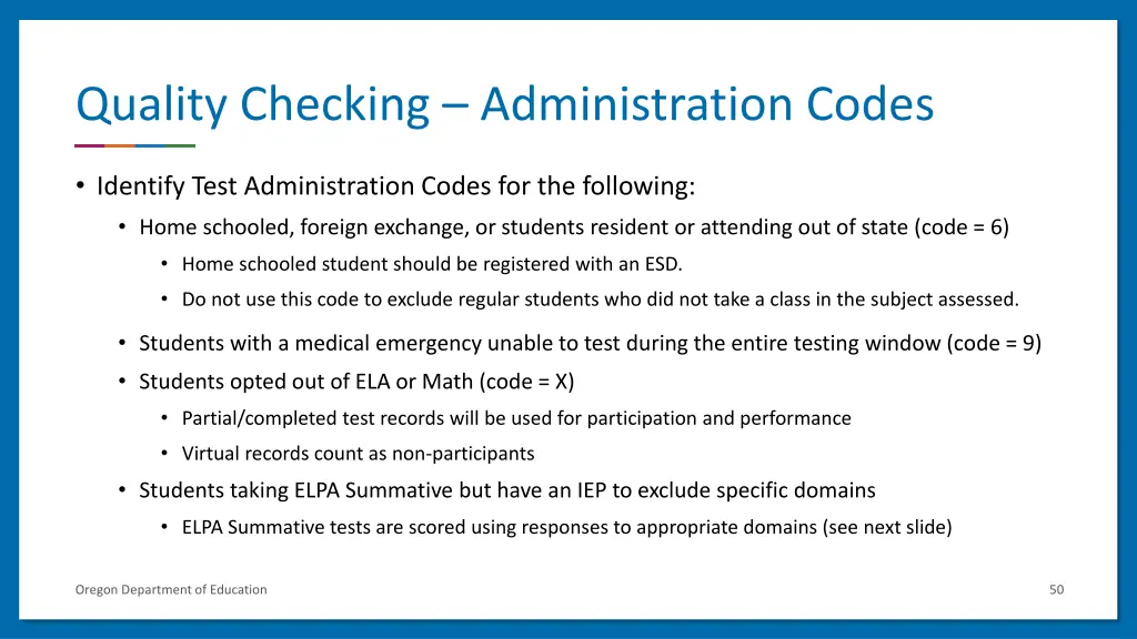 quality checking administration codes