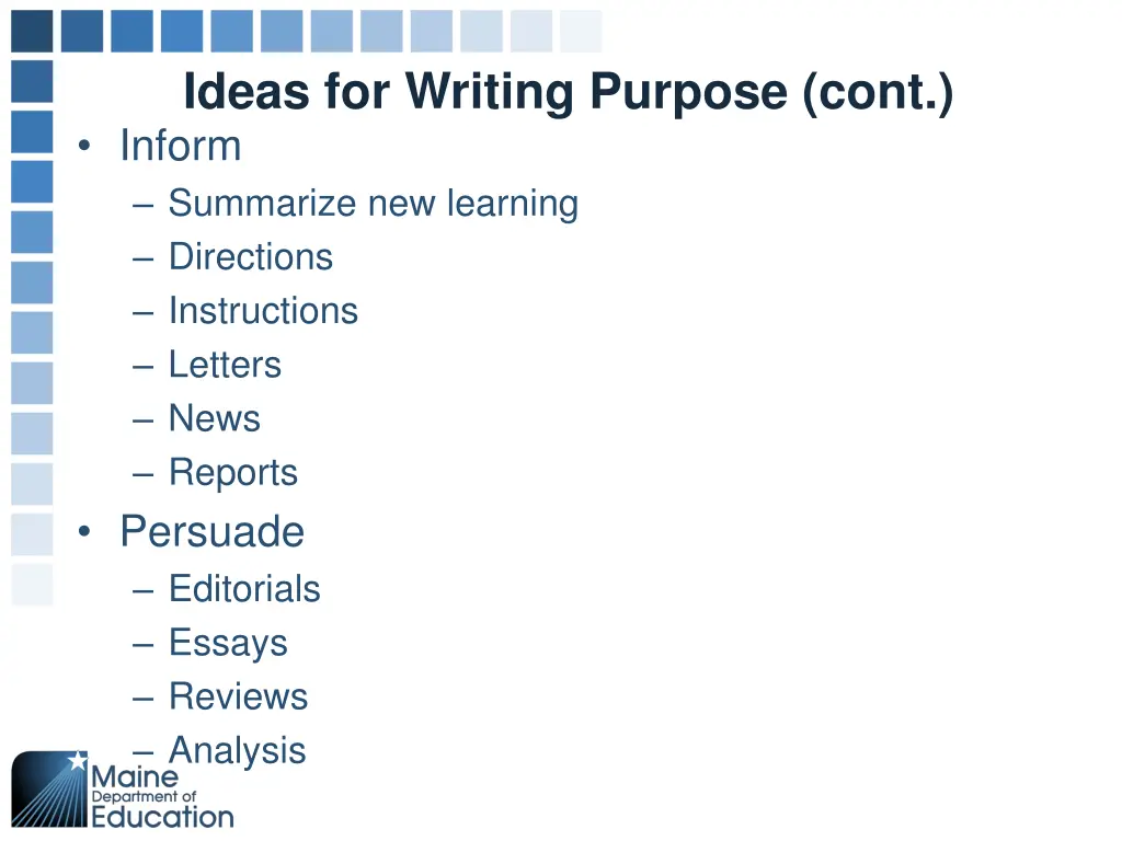 ideas for writing purpose cont inform summarize