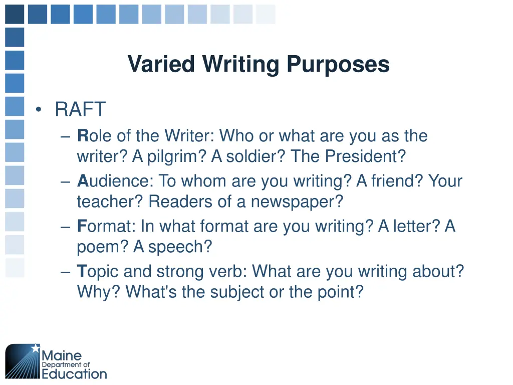 varied writing purposes
