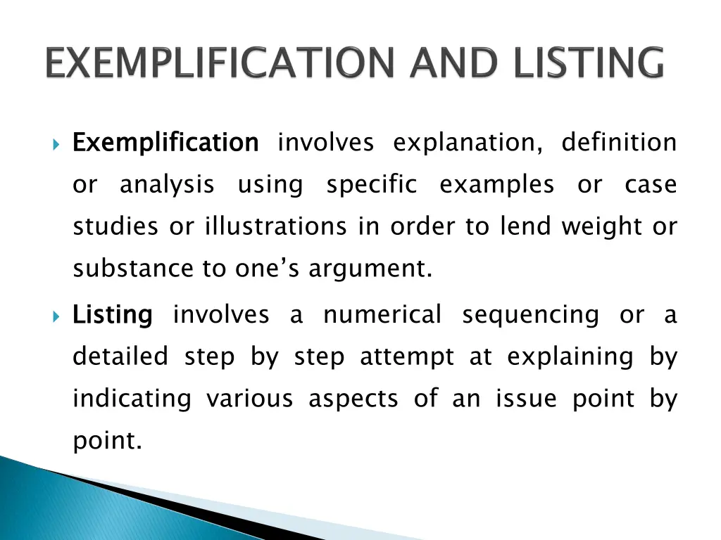 exemplification or analysis using specific