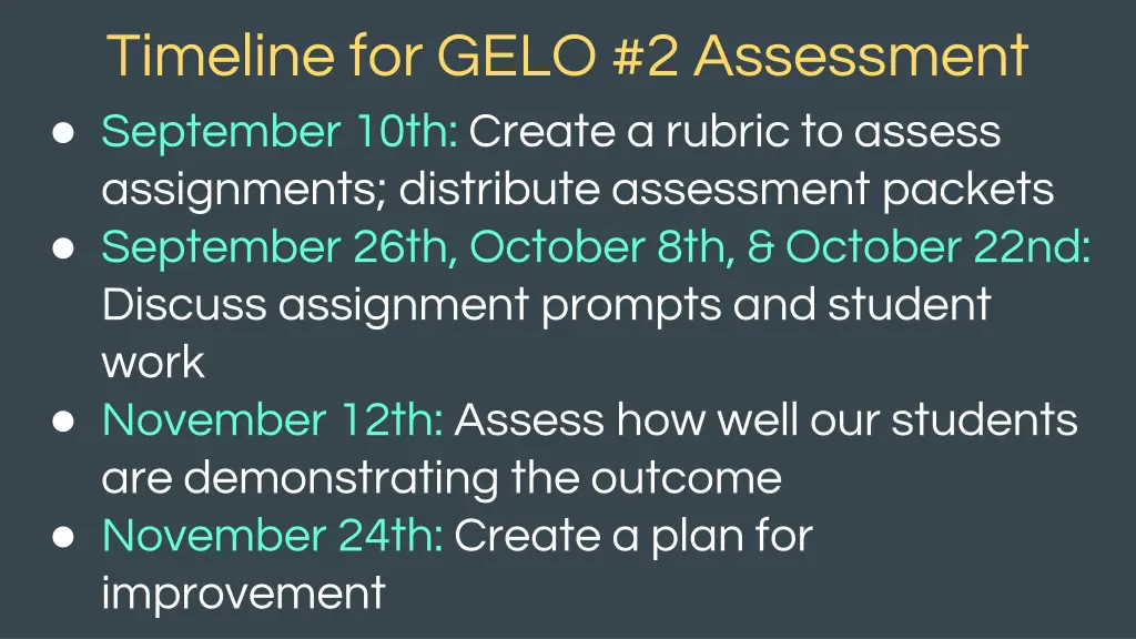 timeline for gelo 2 assessment september 10th