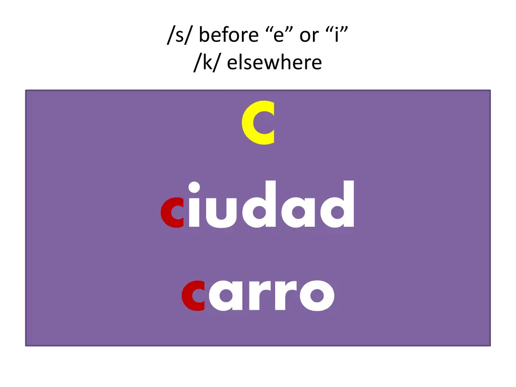 s before e or i k elsewhere c ciudad carro