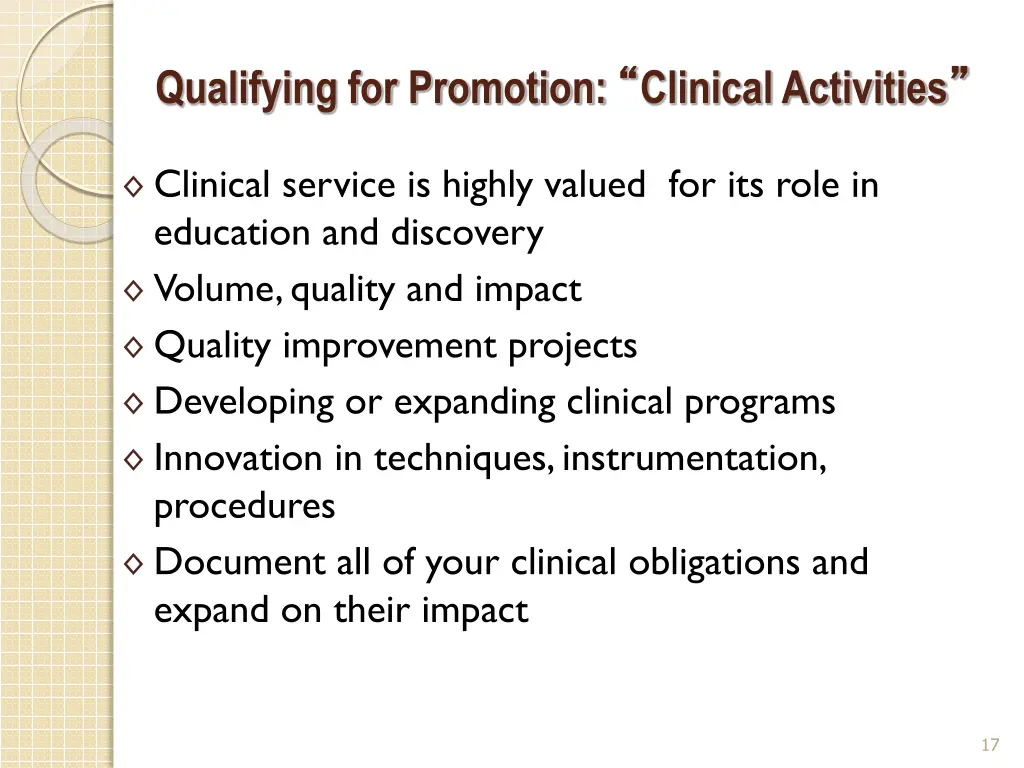 qualifying for promotion clinical activities