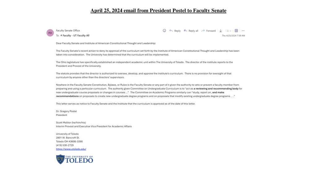 april 25 2024 email from president postel