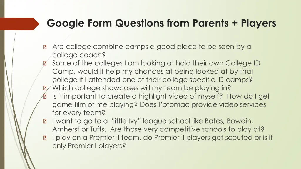google form questions from parents players