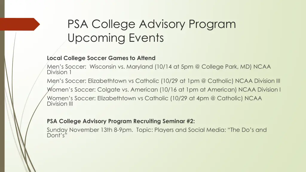 psa college advisory program upcoming events
