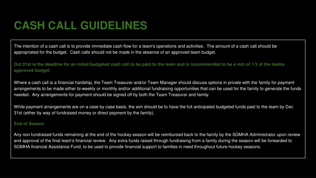 cash call guidelines