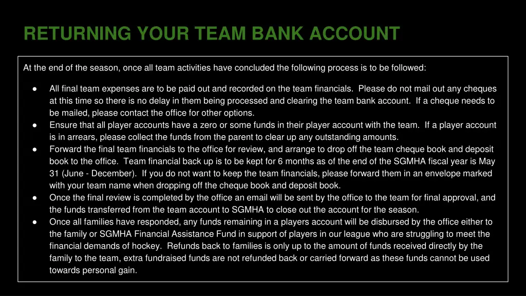 returning your team bank account
