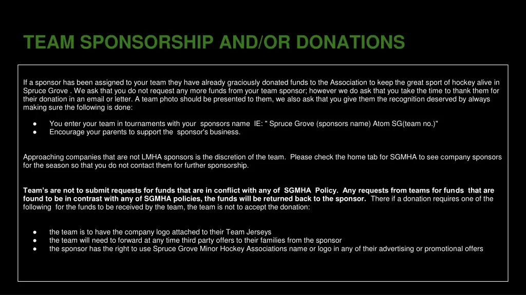 team sponsorship and or donations