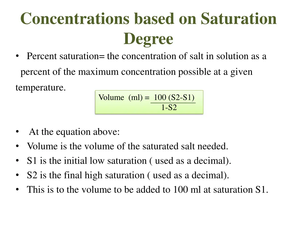 concentrations based on saturation degree percent