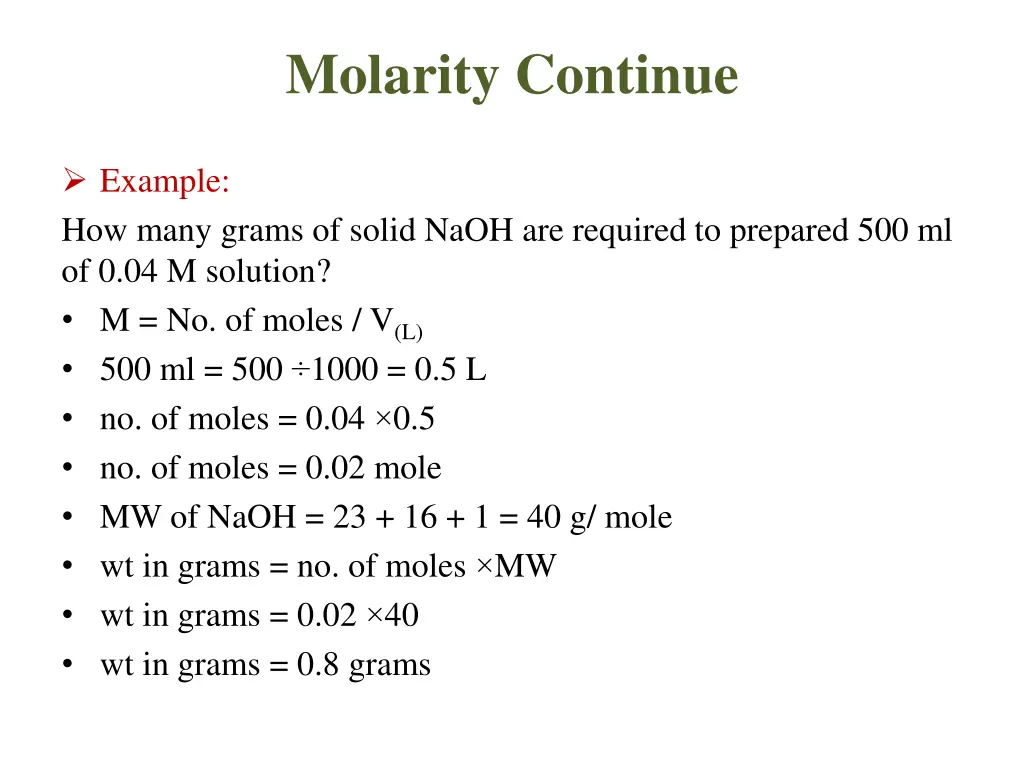 molarity continue 1