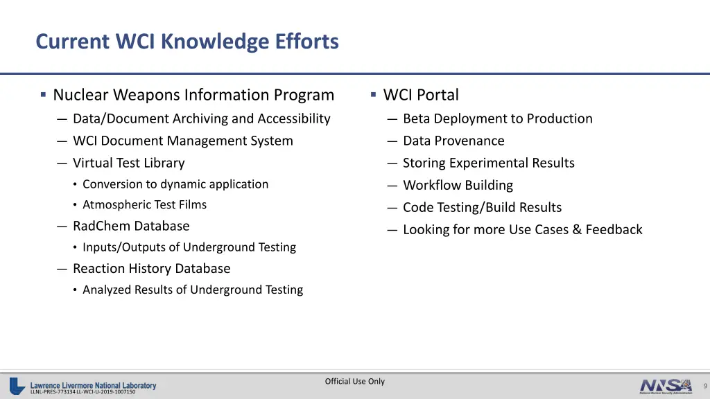 current wci knowledge efforts