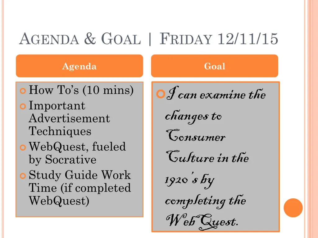 a genda g oal f riday 12 11 15