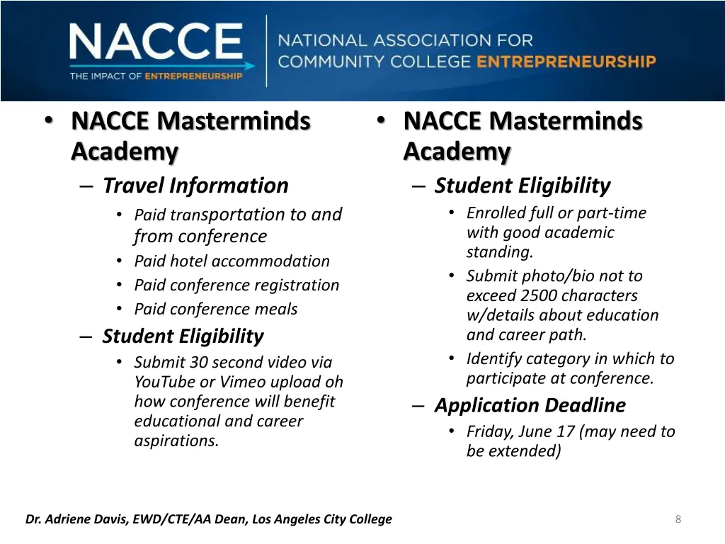 nacce masterminds academy travel information paid