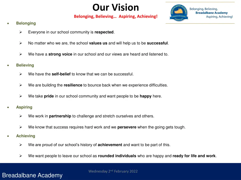 our vision belonging believing aspiring achieving