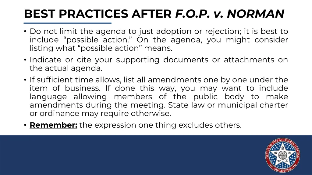 best practices after f o p v norman