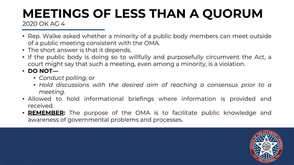 meetings of less than a quorum 2020 ok ag 4