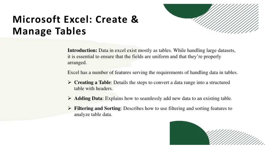 microsoft excel create manage tables