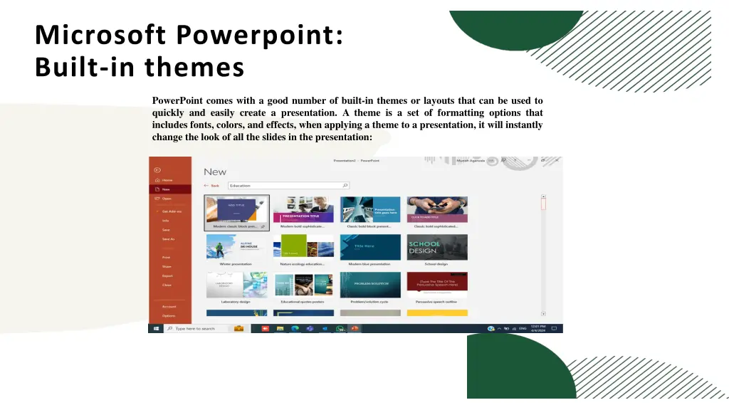 microsoft powerpoint built in themes
