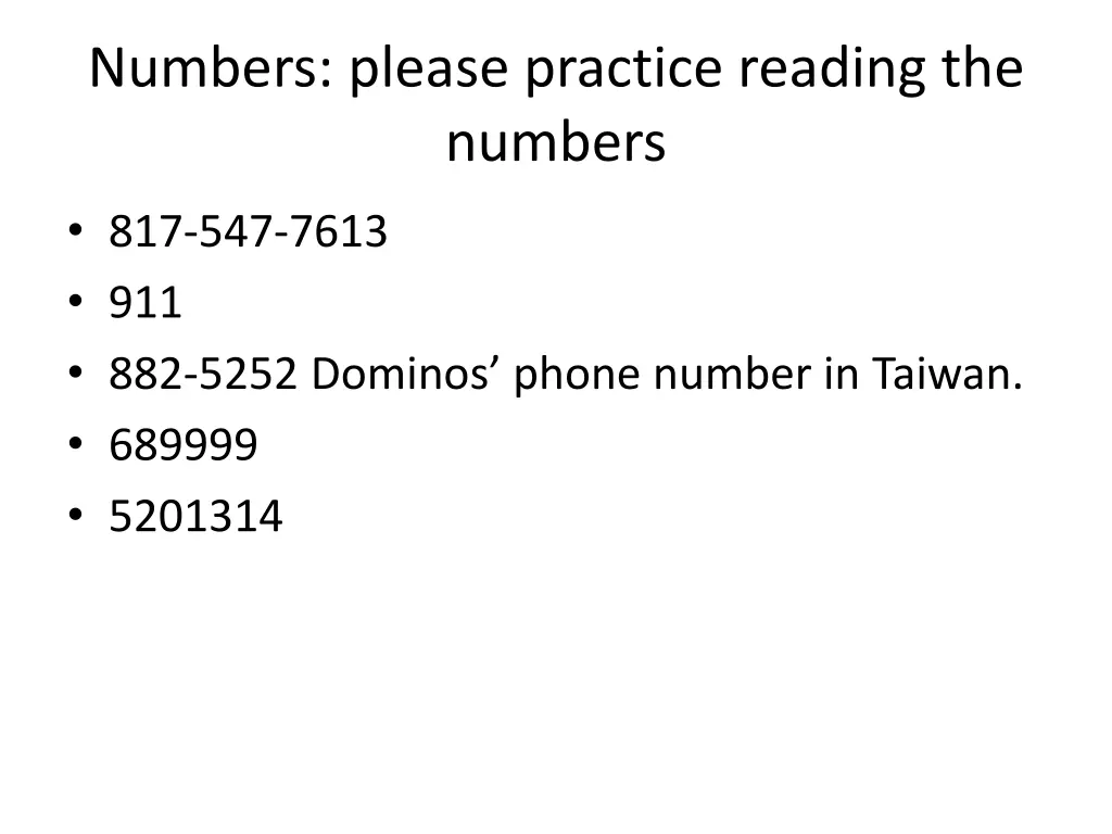 numbers please practice reading the numbers