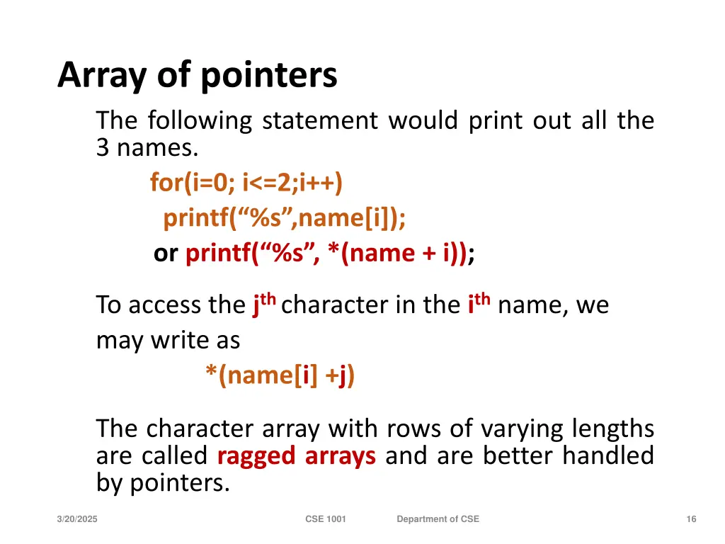 array of pointers the following statement would
