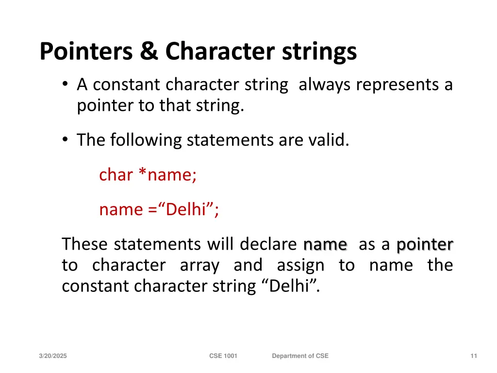 pointers character strings a constant character