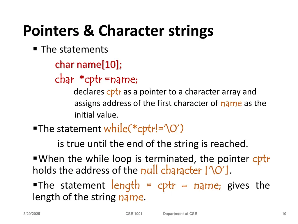 pointers character strings the statements char