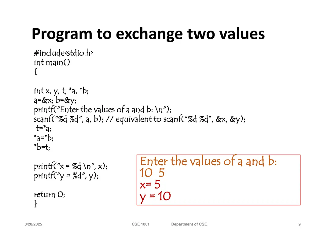 program to exchange two values