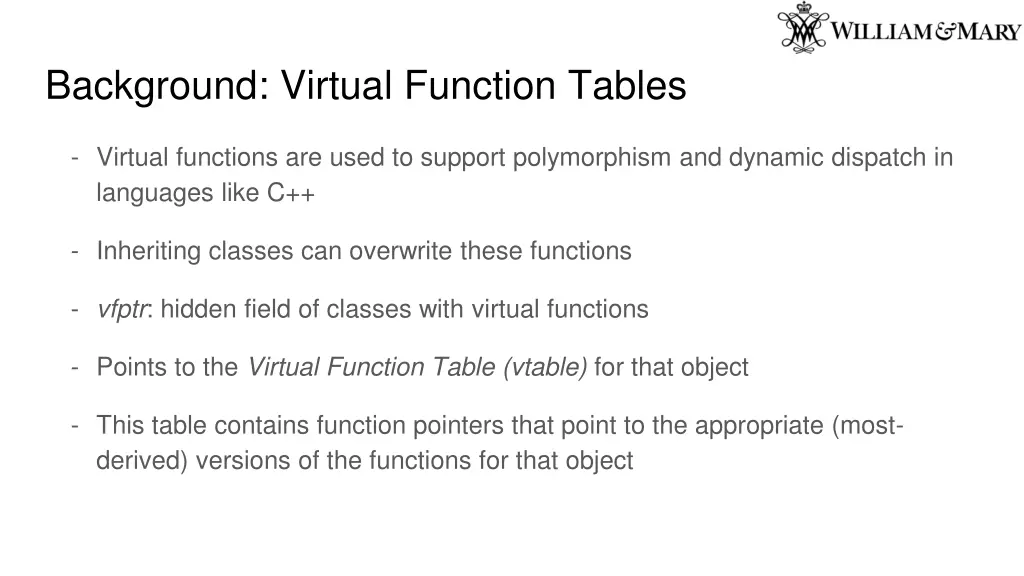background virtual function tables